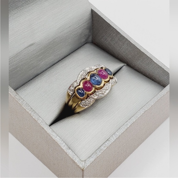Genuine Oval Blue & Pink Cabochon Sapphire 14k gold / 925 Sterling Silver Ring - Picture 7 of 8